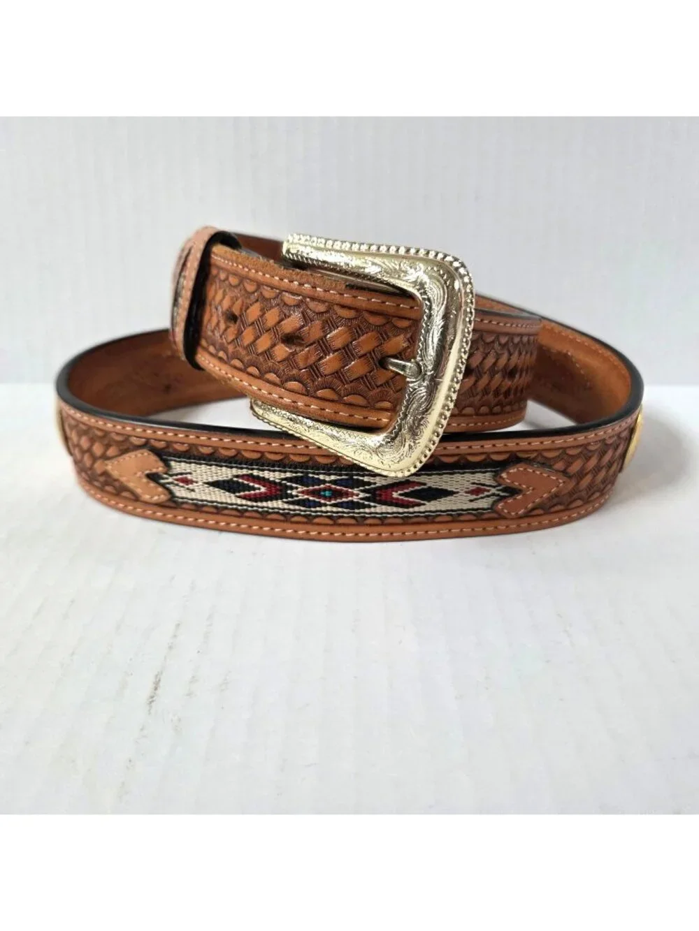 Nocona Belt Mens 38 Brown Tooled Leather Embroidered Inlay Western Cowboy Rodeo